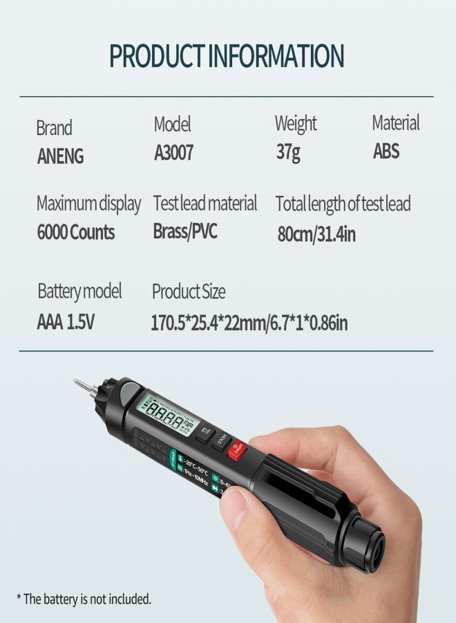 أنينج جهاز قياس متعدد رقمي ANENG A3007 مزود بقلم متعدد الاستخدامات 6000 عداد مزود بشاشة LCD وإضاءة خلفية ومصباح يدوي وإيقاف تلقائي NCV وملحقات متعددة لاختبار الجهد والتيار والمقاومة والسعة واستمرارية الصمام الثنائي  - Image 3