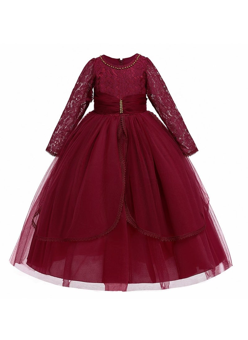 Girlâs Party Dress Pearl Mesh Gown Princess Dress Long Sleeve Toddler Little Kids Bow Back Party Wear Wedding Evening Formal Pageant Dance Gown for Birthday - Image 1
