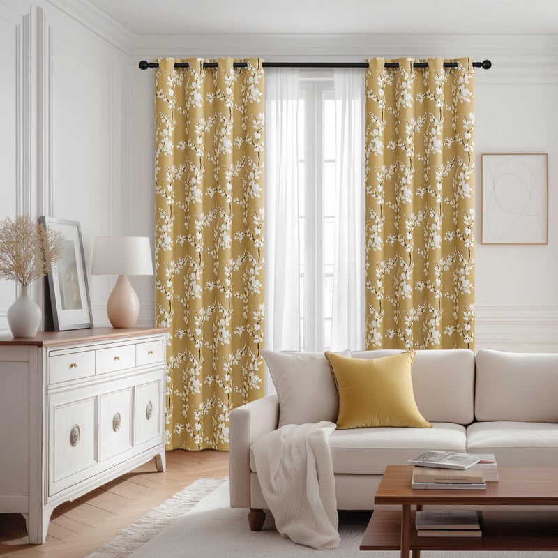 FMFUNCTEX 100% Blackout Floral Curtains for Bedroom, Mustard Yellow Curtain 84 inches Long Blossom Patterned for Living Room, Thermal Insulated Farmhouse Drapes, Grommet Top 2 Panels (White on Yellow) - Image 3