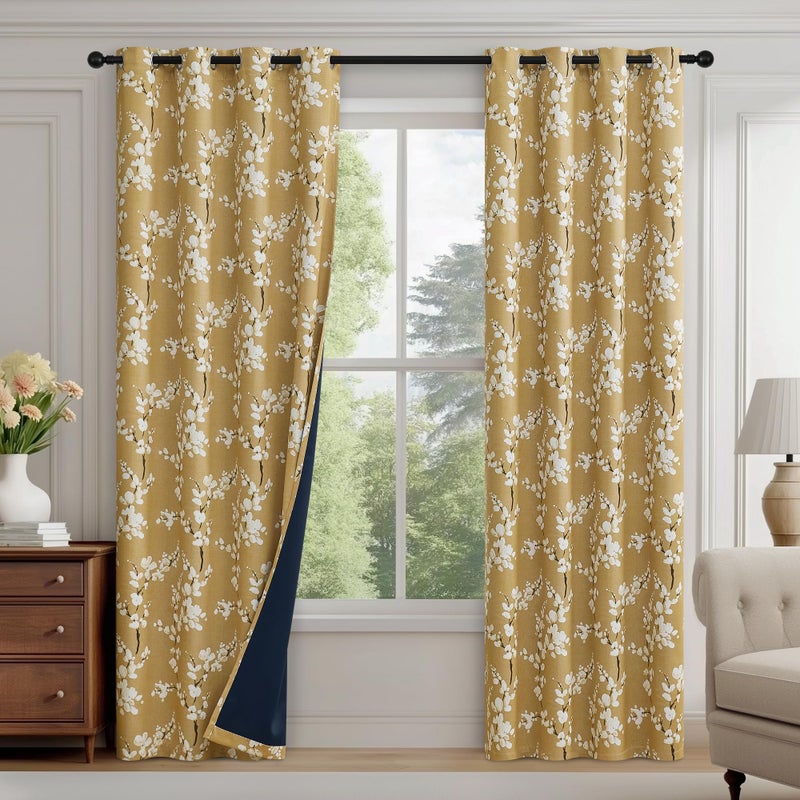 FMFUNCTEX 100% Blackout Floral Curtains for Bedroom, Mustard Yellow Curtain 84 inches Long Blossom Patterned for Living Room, Thermal Insulated Farmhouse Drapes, Grommet Top 2 Panels (White on Yellow) - Image 1