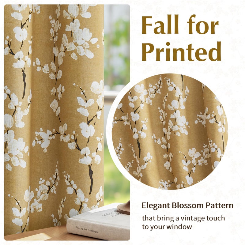 FMFUNCTEX 100% Blackout Floral Curtains for Bedroom, Mustard Yellow Curtain 84 inches Long Blossom Patterned for Living Room, Thermal Insulated Farmhouse Drapes, Grommet Top 2 Panels (White on Yellow) - Image 4