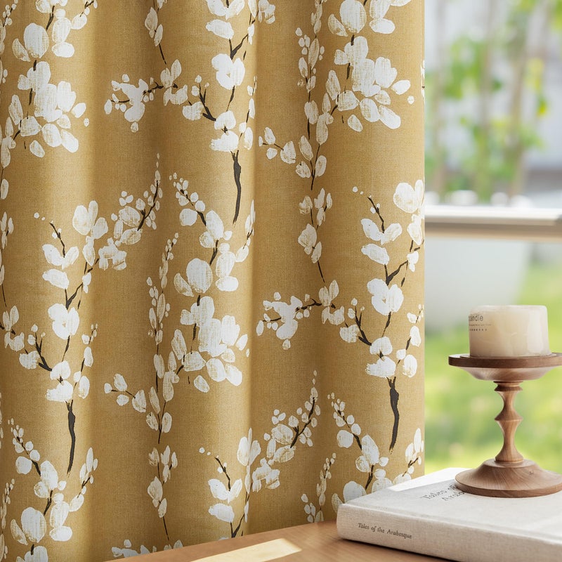 FMFUNCTEX 100% Blackout Floral Curtains for Bedroom, Mustard Yellow Curtain 84 inches Long Blossom Patterned for Living Room, Thermal Insulated Farmhouse Drapes, Grommet Top 2 Panels (White on Yellow) - Image 5