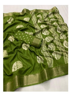Grab Mantra Soft Cotton Crape Batik Print Green Sari With Zari Pattu Woven Border Plus Unstitched Blouse  - Image 1