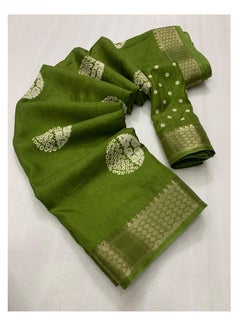 Grab Mantra Soft Cotton Crape Batik Print Green Sari With Zari Pattu Woven Border Plus Unstitched Blouse  - Image 2