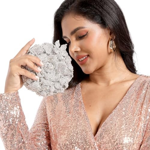 Boutique De FGG Round Rose Flower Crystal Clutch Purses for Women Formal Evening Bags Wedding Clutch Bag Party Handbags,Mini,Yellow - Image 3