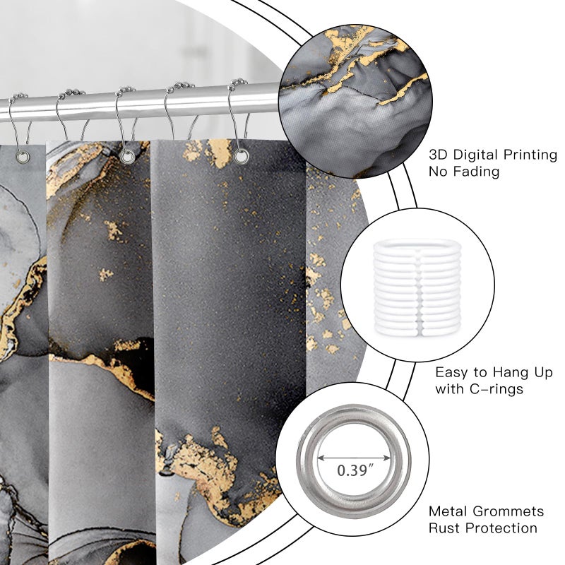BayNook Black Grey Marble Shower Curtain, Modern Abstract Dark Fabric Shower Curtain for Bathroom, Luxury Art Decor Black Gold Ink Texture Watercolor Shower Curtain Set with Hooks 72x72 - Image 5