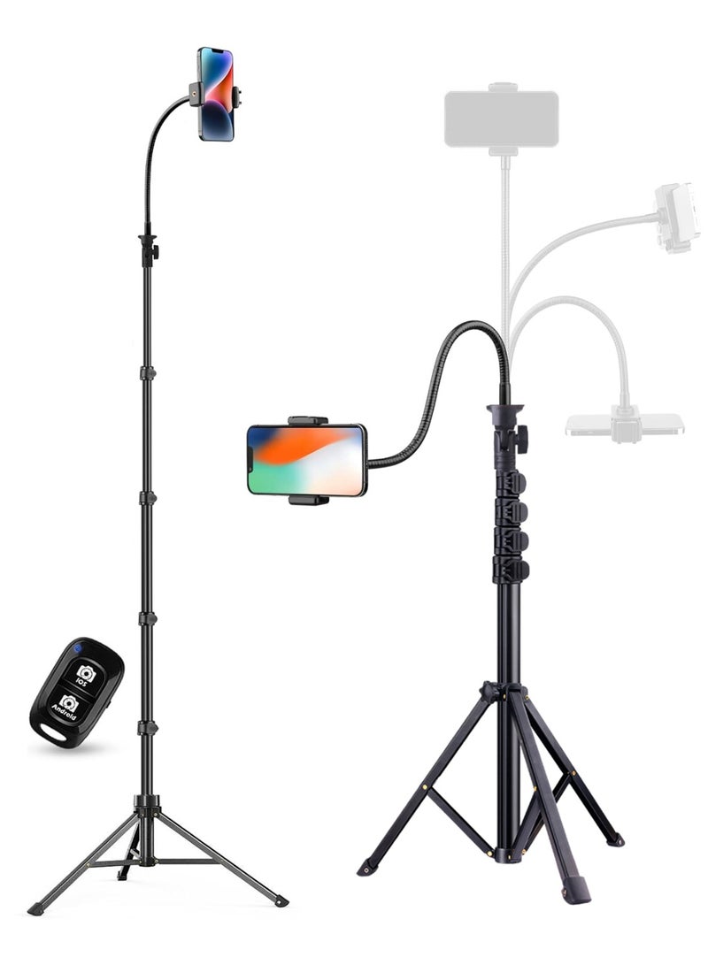 كينجمازي حامل ثلاثي القوائم لكاميرا الهاتف بارتفاع 195 سم مع جهاز تحكم عن بعد وحامل هاتف، حامل ثلاثي للسفر وتسجيل الفيديو، حامل هاتف ذكي طويل متوافق مع آيفون/أندرويد/إضاءة التصوير/الكاميرا - Image 1