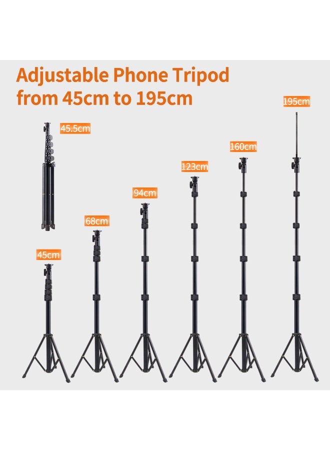 كينجمازي حامل ثلاثي القوائم لكاميرا الهاتف بارتفاع 195 سم مع جهاز تحكم عن بعد وحامل هاتف، حامل ثلاثي للسفر وتسجيل الفيديو، حامل هاتف ذكي طويل متوافق مع آيفون/أندرويد/إضاءة التصوير/الكاميرا - Image 2