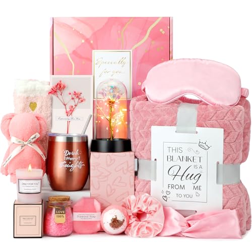 Hangerspace Birthday and Get Well Gifts for Women - Relaxing Spa Care Package With Luxury Flannel Blanket, Light-Up Rose Flower - Unique Self Care Gift Basket for Mom, Wife, Friends - Image 1