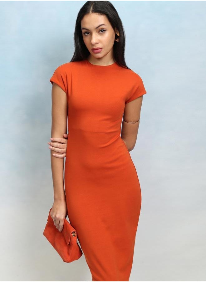 Tokyo Talkies Solid Round Neck Bodycon Midi Dress by Styli  - Image 1