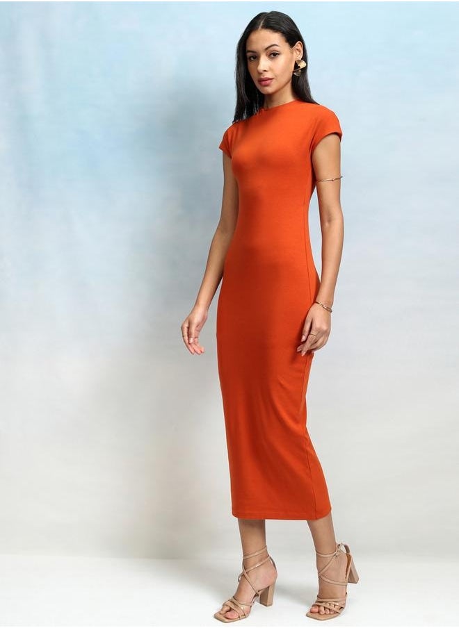 Tokyo Talkies Solid Round Neck Bodycon Midi Dress by Styli  - Image 4