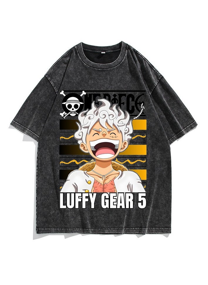Generic - Anime One Piece Luffy Washed Retro T-Shirt Street Hip Hop Casual Cotton Summer Short Sleeves - Image 1