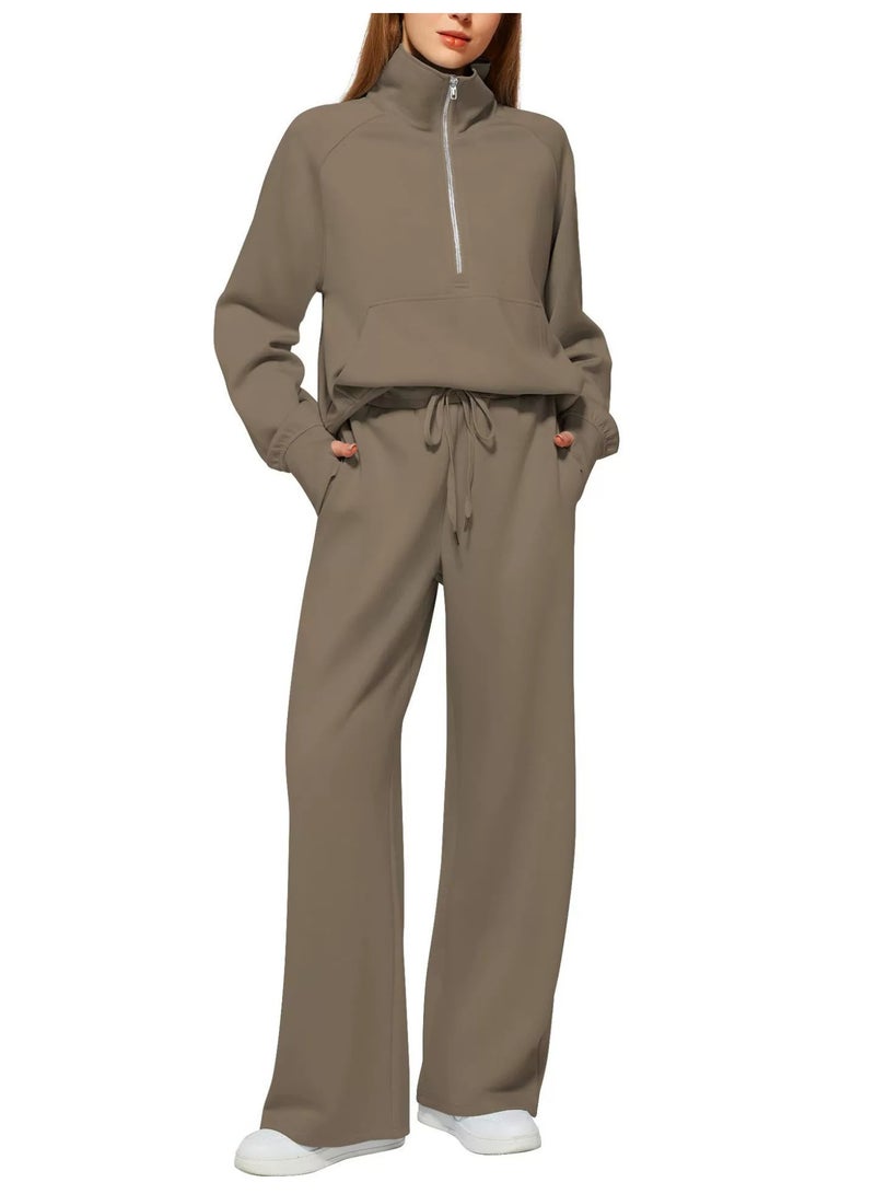 general 2025 - 2026 Women's Two-Piece Ultra-Large Half-Zip Sweatshirt and Wide Leg Sweatpants Casual Set - Image 1