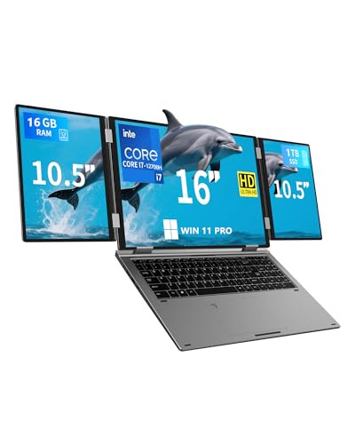 KOOFORWAY Triple Screen Laptop, 16" Main + Dual 10.5" Monitors, Core i7-12700H, 32GB RAM, 2TB SSD, Win 11 Pro, Wi-Fi 5, BT 5.0, Face & Fingerprint Unlock, USB-C, HDMI (16GB RAM + 1TB SSD) - Image 1