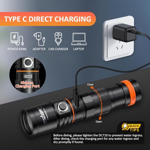 ORCATORCH DC710 Scuba Dive Light Type C Rechargeable, 3000 Lumens Super Bright Underwater Flashlight, IP68 Waterproof Submersible Torch with WS02 Wrist Strap Mount for Hands-Free Diving - Image 2