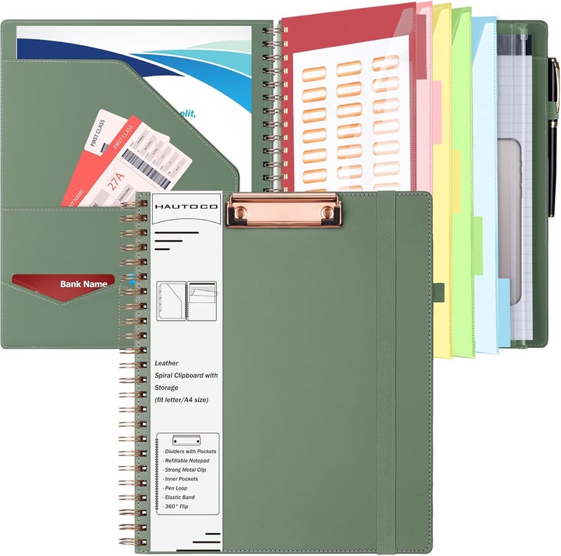 Hautoco Leather Clipboard Folio with Storage Zipper Pouch, Notepad, Business Card Holder, 5 Divider with 10 Pocket, File Folder Label, Pen Loop, Elastic Strap, Spiral Padfolio Clipboard, Olive Green - Image 1