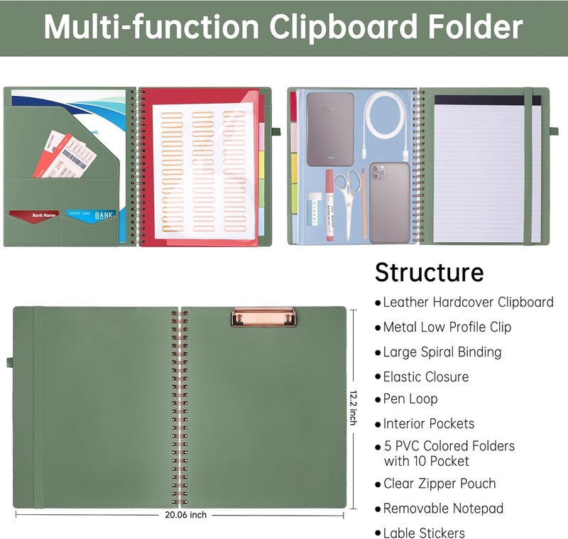 Hautoco Leather Clipboard Folio with Storage Zipper Pouch, Notepad, Business Card Holder, 5 Divider with 10 Pocket, File Folder Label, Pen Loop, Elastic Strap, Spiral Padfolio Clipboard, Olive Green - Image 2
