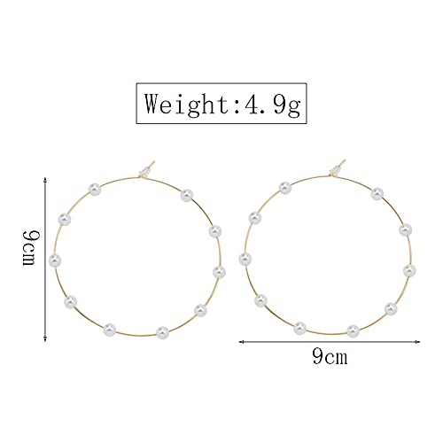 Doubnine Large Hoops Super Huge Circle Pearls Earrings Thin Dangle Gold Silver Elegant Wedding Women Accessories Jewelry Gift for Her (90mm gold) - Image 3