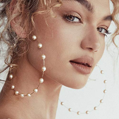 Doubnine Large Hoops Super Huge Circle Pearls Earrings Thin Dangle Gold Silver Elegant Wedding Women Accessories Jewelry Gift for Her (90mm gold) - Image 1