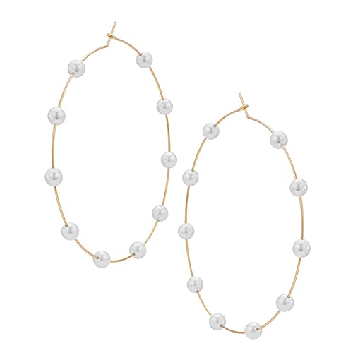 Doubnine Large Hoops Super Huge Circle Pearls Earrings Thin Dangle Gold Silver Elegant Wedding Women Accessories Jewelry Gift for Her (90mm gold) - Image 4