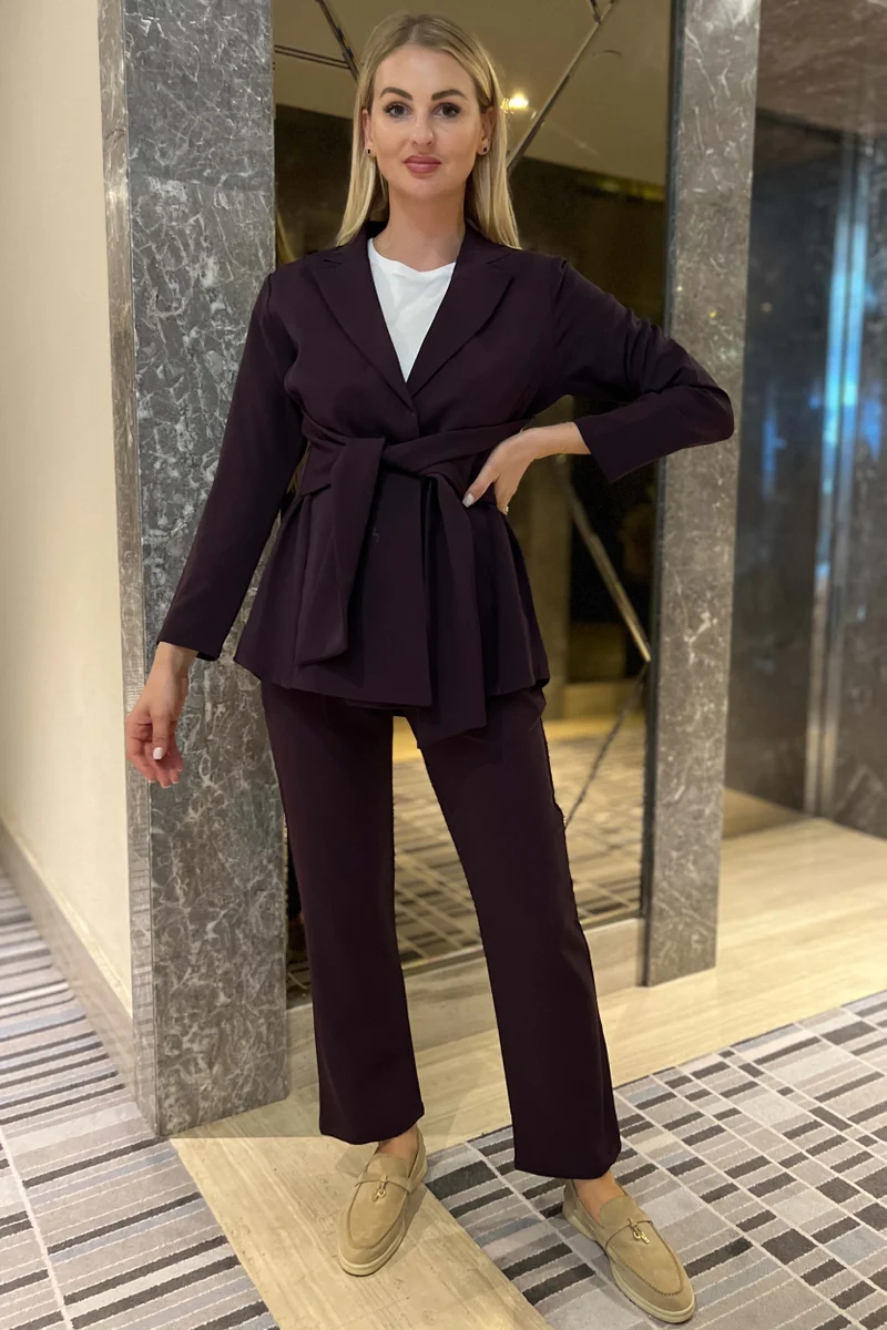 Moistreet Tie Detailed Barbie Crepe Fabric Blazer And Pants Set