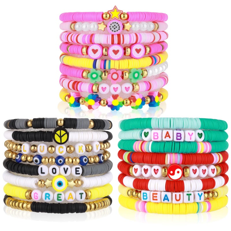 Draupnir 24 Pcs Friendship Bracelets Heishi Surfer Clay Bead Bracelets Set Boho Y2K Bracelet for Women Adjustable Handmade Stackable Beaded Preppy Jewelry Party Favors - Image 1