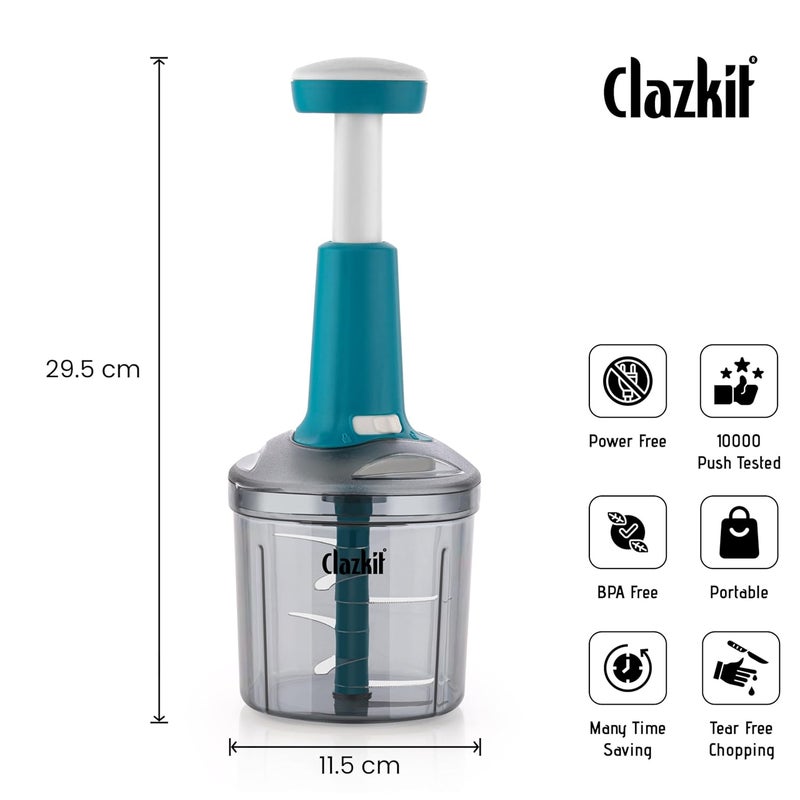 Clazkit Push Chopper Manual Hand Press Push Chopper with 6 Blades for Effortless Chopping Vegetables & Fruits-1100ML, Multicolor - Image 3