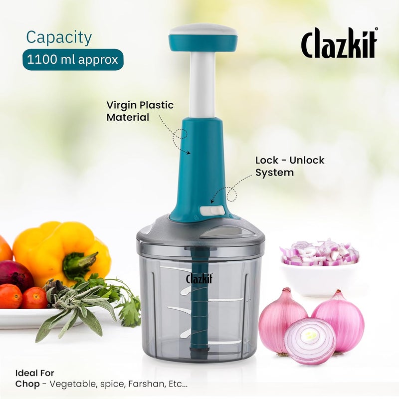 Clazkit Push Chopper Manual Hand Press Push Chopper with 6 Blades for Effortless Chopping Vegetables & Fruits-1100ML, Multicolor - Image 2