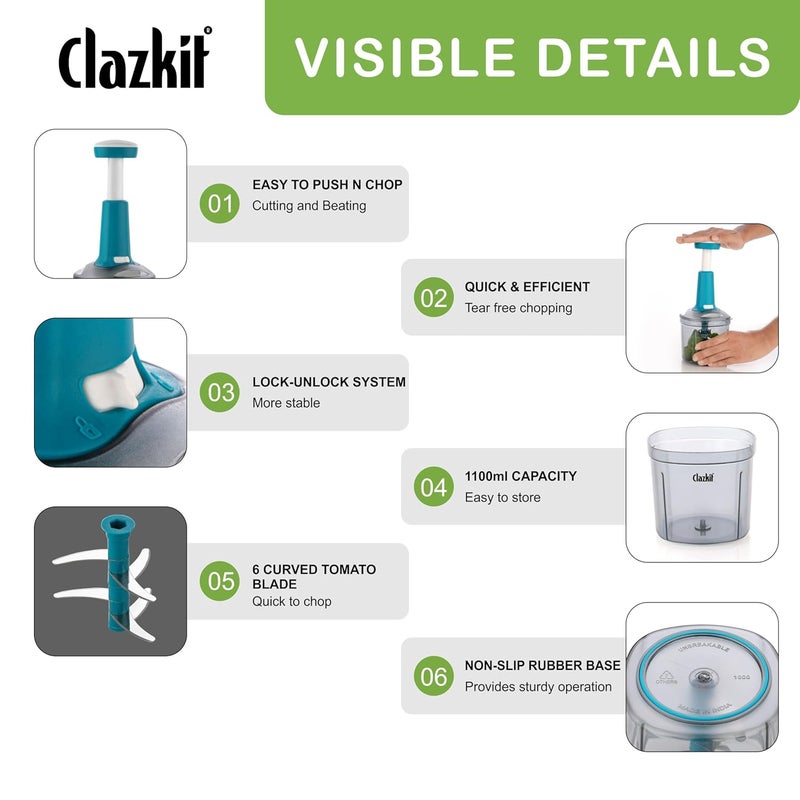 Clazkit Push Chopper Manual Hand Press Push Chopper with 6 Blades for Effortless Chopping Vegetables & Fruits-1100ML, Multicolor - Image 5