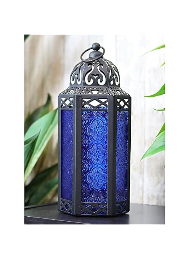 Arabest Moroccan Lantern for Table or Hanging, Ramadan Decor, Home Outdoor Weddings Black Metal with Cobalt Blue Glass Medium - Image 3