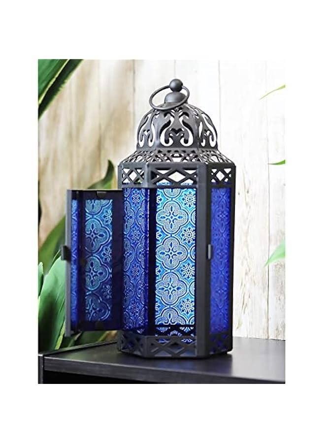 Arabest Moroccan Lantern for Table or Hanging, Ramadan Decor, Home Outdoor Weddings Black Metal with Cobalt Blue Glass Medium - Image 4