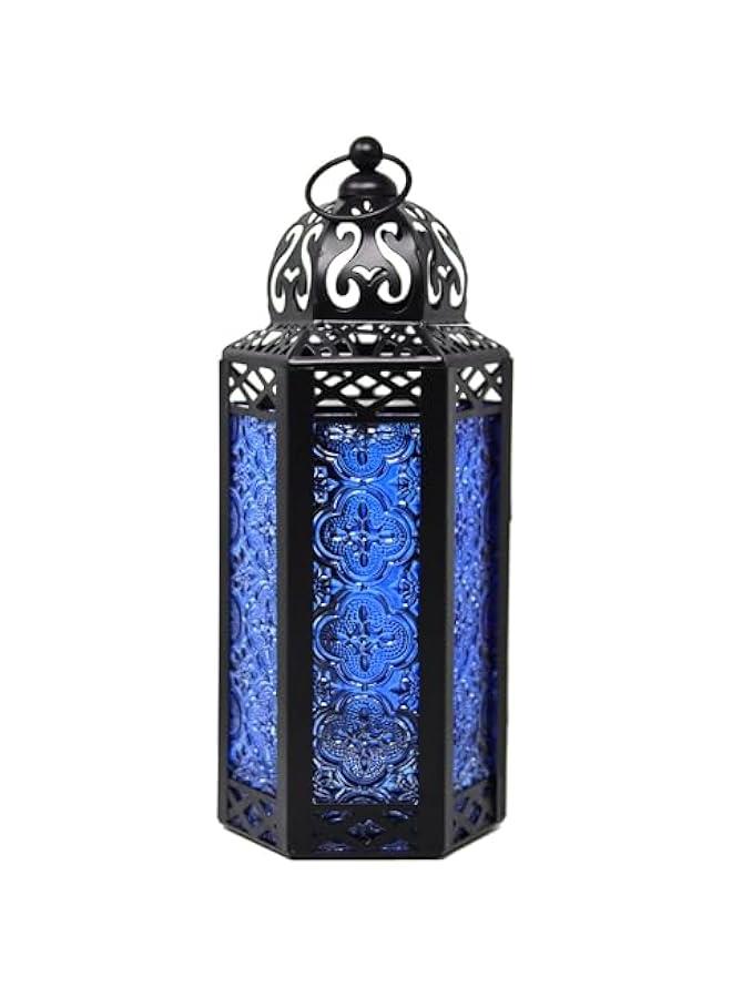 Arabest Moroccan Lantern for Table or Hanging, Ramadan Decor, Home Outdoor Weddings Black Metal with Cobalt Blue Glass Medium - Image 1