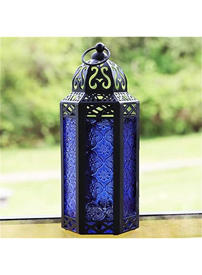 Arabest Moroccan Lantern for Table or Hanging, Ramadan Decor, Home Outdoor Weddings Black Metal with Cobalt Blue Glass Medium - Image 5