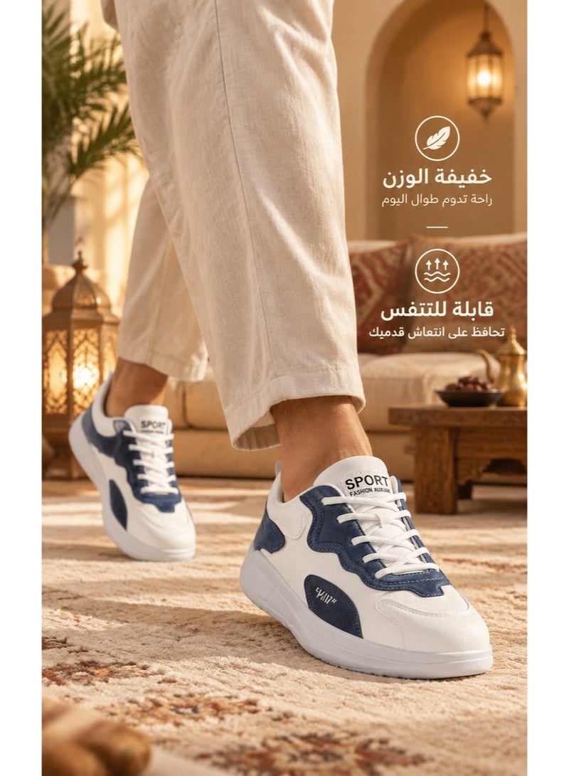 Amity Men's White Blue Patchwork Faux Leather Casual Athletic Shoes with Thick Shock Absorbing Sole - Image 2
