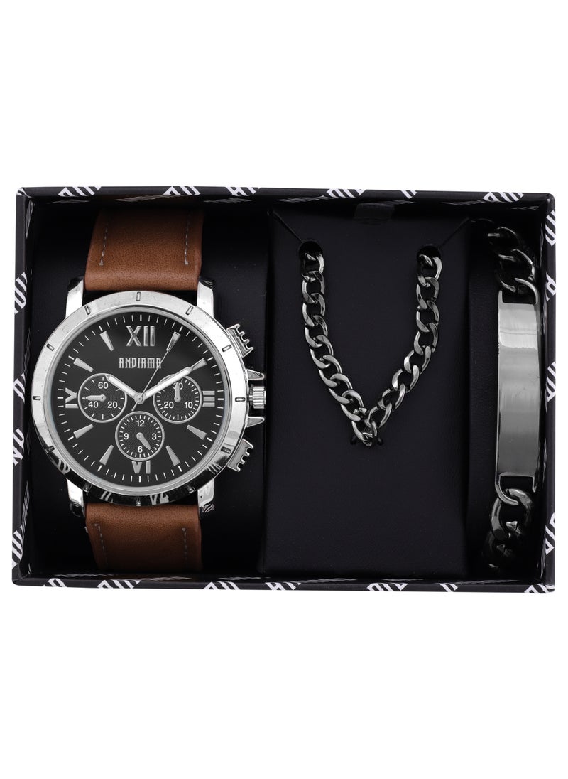 ANDIAMO Men's Analog Silver Case Brown Leather Strap Set Watch 