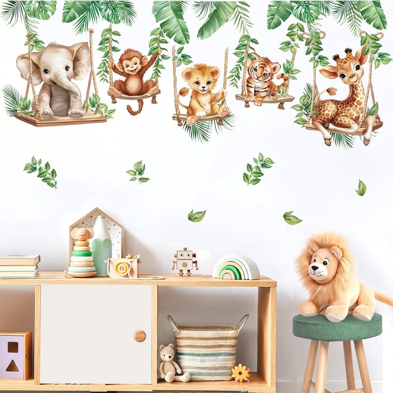 wondever Jungle Animal on Swings Wall Stickers Baby Lion Elephant Giraffe Tropical Leaves Peel and Stick Wall Art Decals for Children Nursery Kids Bedroom Living Room - Image 4