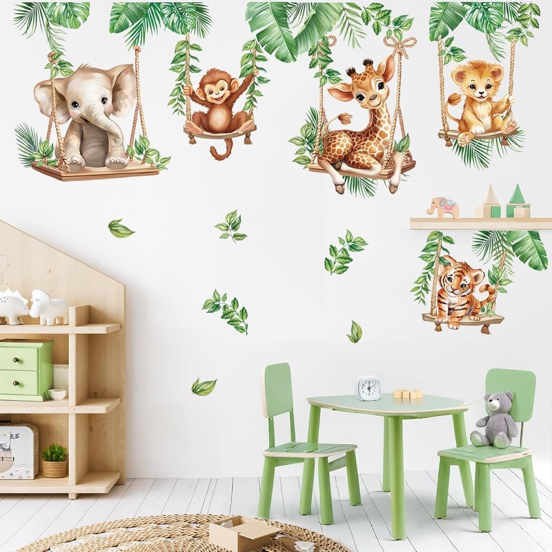 wondever Jungle Animal on Swings Wall Stickers Baby Lion Elephant Giraffe Tropical Leaves Peel and Stick Wall Art Decals for Children Nursery Kids Bedroom Living Room - Image 3