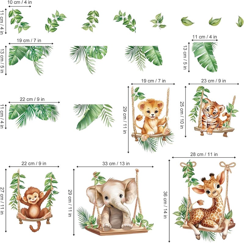 wondever Jungle Animal on Swings Wall Stickers Baby Lion Elephant Giraffe Tropical Leaves Peel and Stick Wall Art Decals for Children Nursery Kids Bedroom Living Room - Image 2