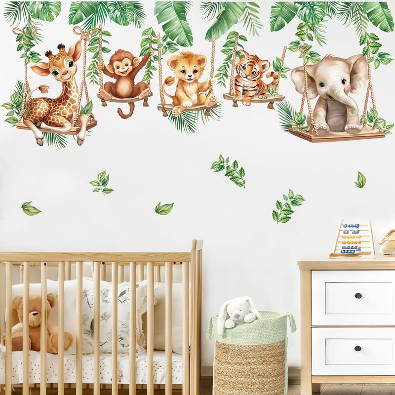 wondever Jungle Animal on Swings Wall Stickers Baby Lion Elephant Giraffe Tropical Leaves Peel and Stick Wall Art Decals for Children Nursery Kids Bedroom Living Room - Image 1