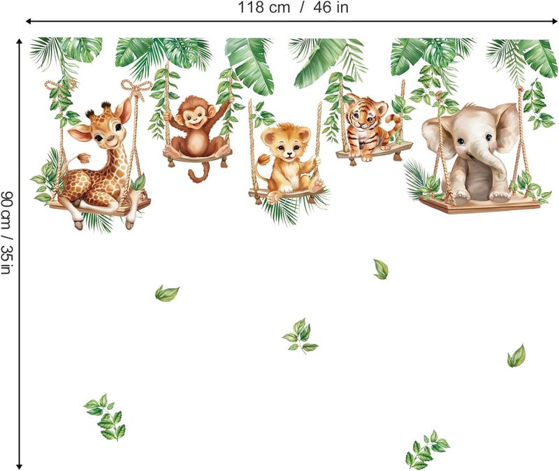 wondever Jungle Animal on Swings Wall Stickers Baby Lion Elephant Giraffe Tropical Leaves Peel and Stick Wall Art Decals for Children Nursery Kids Bedroom Living Room - Image 5