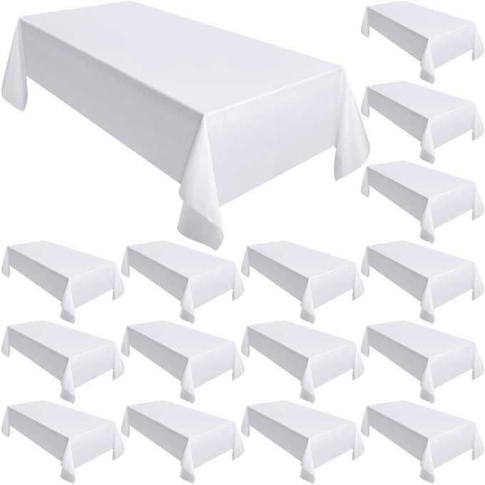 18 PACK RECTANGLE TABLECLOTHS 58 X 102 INCH TABLE CLOTH REUSABLE WASHABLE POLYESTER TABLE CLOTHES BULK FOR 6 FT TABLES FOR WEDDING PARTY RESTAURANT WHITE