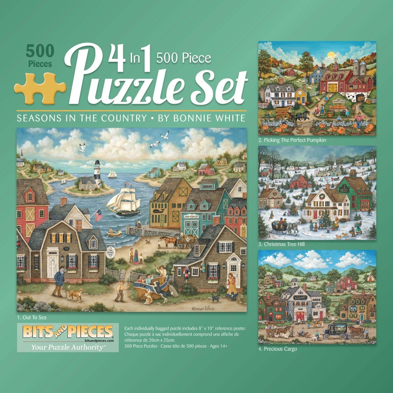 Bits and Pieces 4in1 Jigsaw Puzzle MultiPack for Adults Seasons in The Country Collection by Bonnie White Unique Random DieCut Pieces Four 500 Piece Puzzles 16 x 20 - Image 3