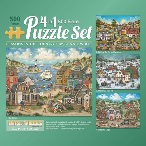 Bits and Pieces 4in1 Jigsaw Puzzle MultiPack for Adults Seasons in The Country Collection by Bonnie White Unique Random DieCut Pieces Four 500 Piece Puzzles 16 x 20 - Image 1