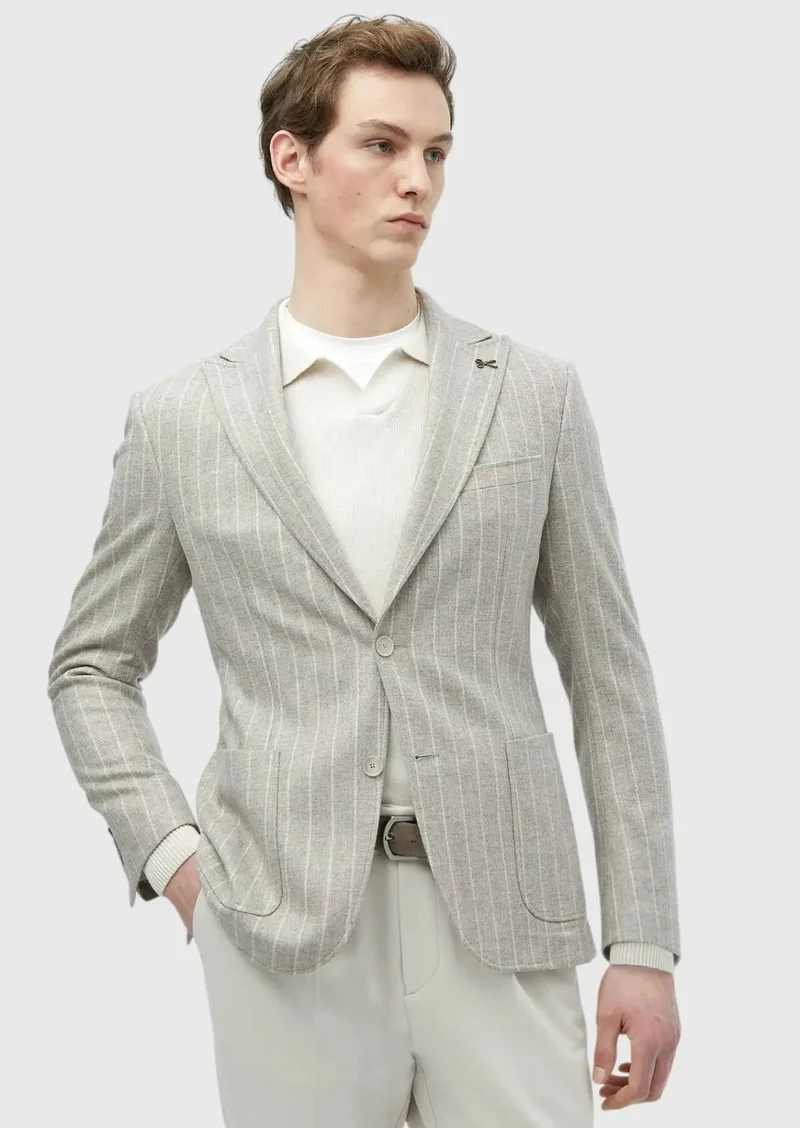 RAMSEY Beige Striped Zeroweight Slim Fit Wool Blended Jacket