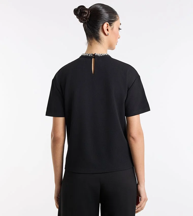 بي سي بي جي BCBG Embesllished Round Neck Top