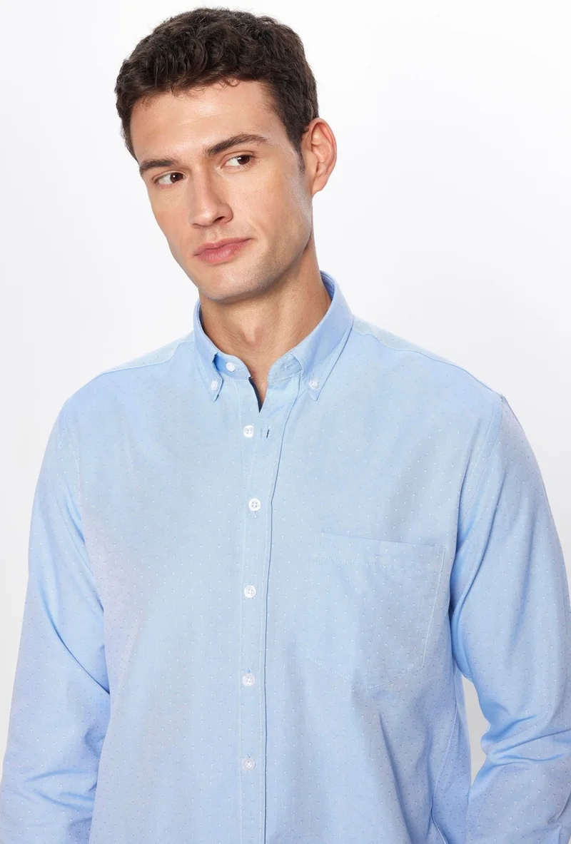 Tudors Men's Classic Fit Regular Cut Long Sleeve Cotton Easy Iron Dobby Blue Button-Down Collar Shirt