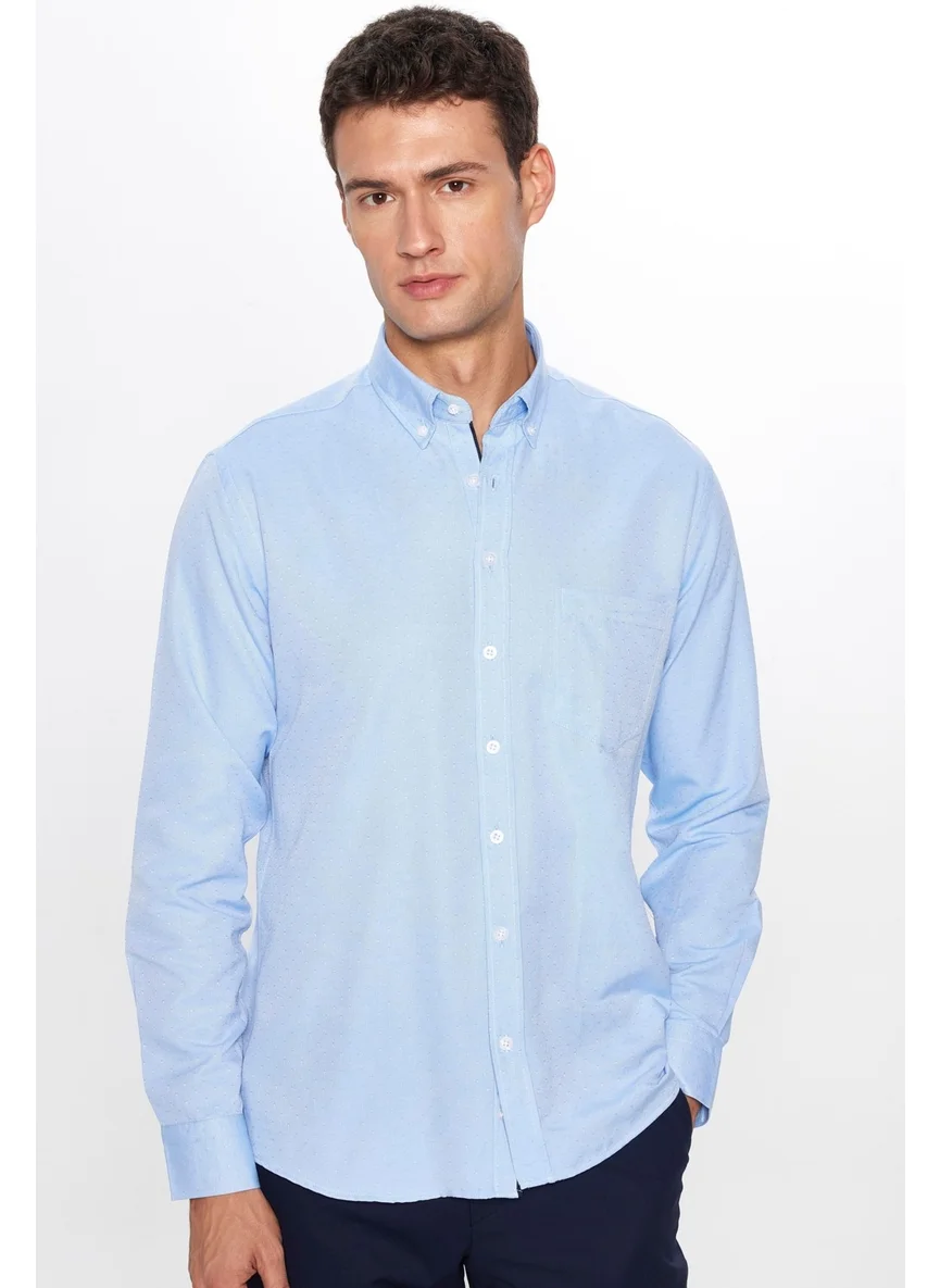 Tudors Men's Classic Fit Regular Cut Long Sleeve Cotton Easy Iron Dobby Blue Button-Down Collar Shirt