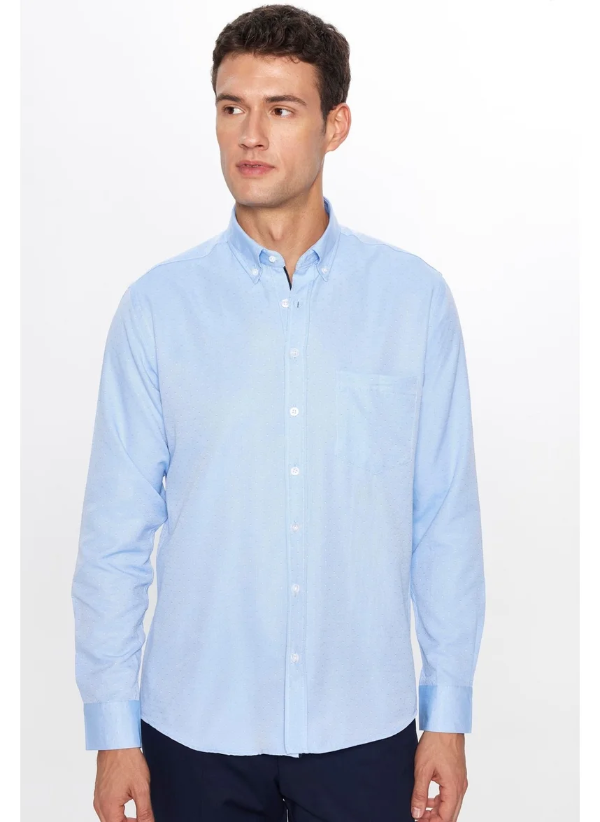 Tudors Men's Classic Fit Regular Cut Long Sleeve Cotton Easy Iron Dobby Blue Button-Down Collar Shirt