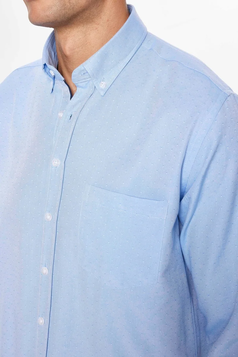 Tudors Men's Classic Fit Regular Cut Long Sleeve Cotton Easy Iron Dobby Blue Button-Down Collar Shirt