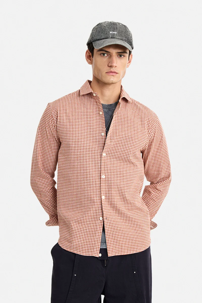 سنيتش Rust Checkered Long Sleeve Regular Fit Casual Shirt